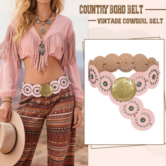 Woman\'s Western PU Leather Belts Concho Disc Wide Waist Belt Pink Bronze Buckle main image 6